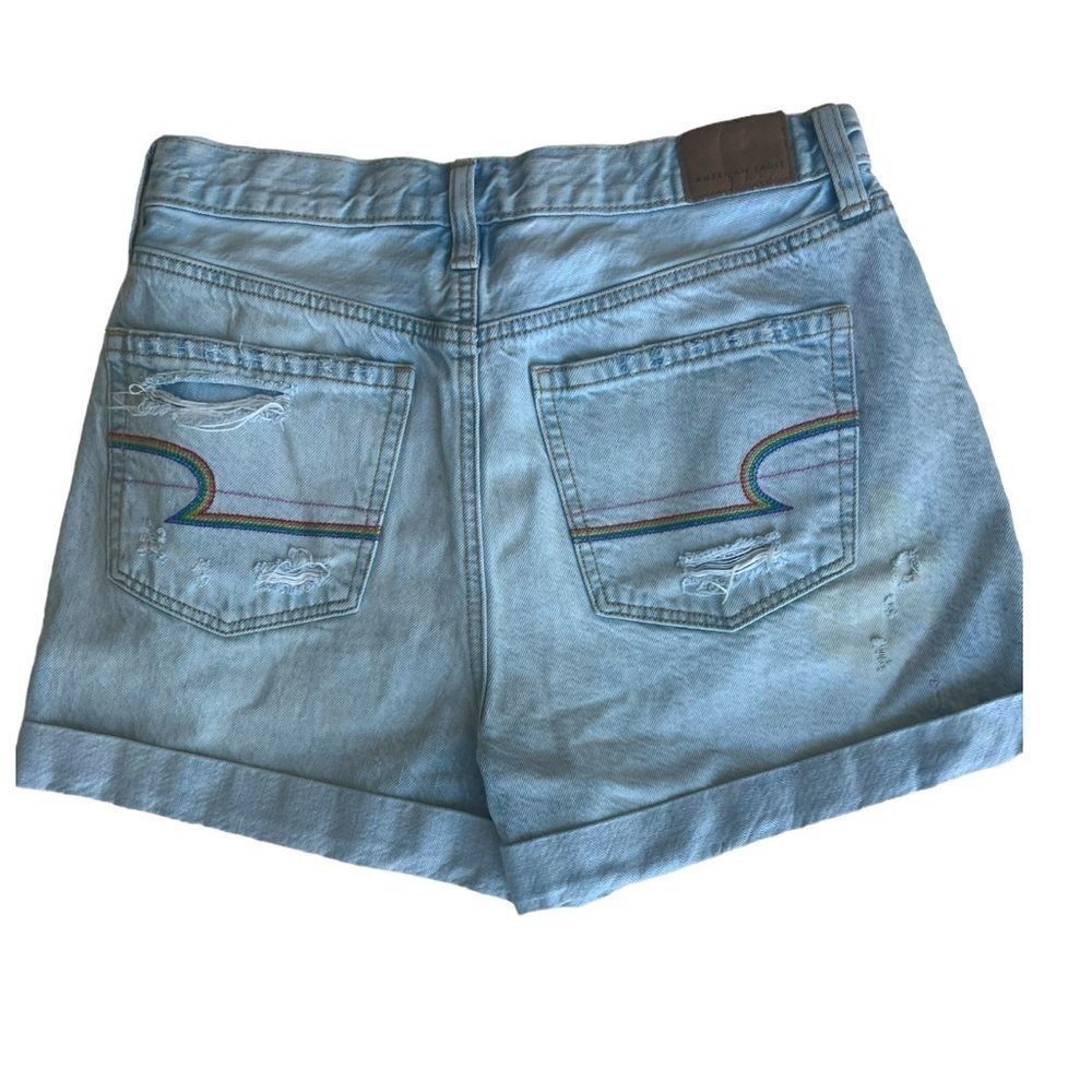 American Eagle Mom Shorts High Rise High Waist Light Wash Rainbow Logo sz 4